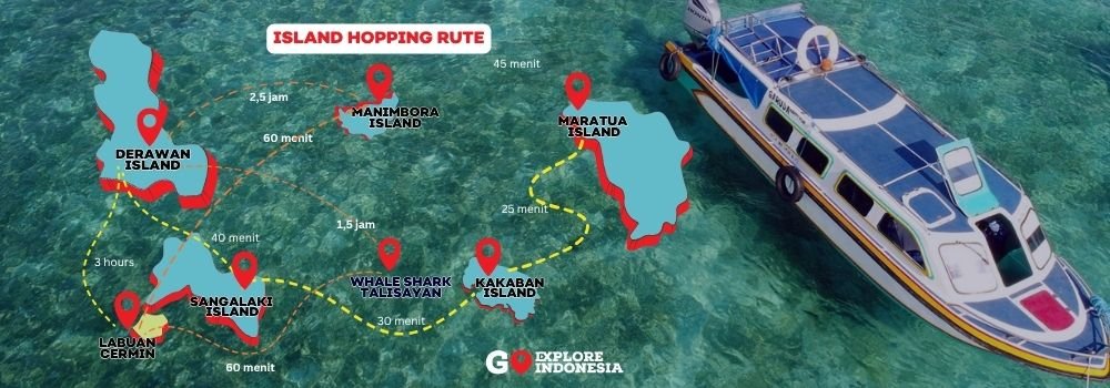 Peta rute wisata Kepulauan Derawan meliputi Pulau Maratua, Kakaban, Sangalaki, dan Gusung Sanggalau.